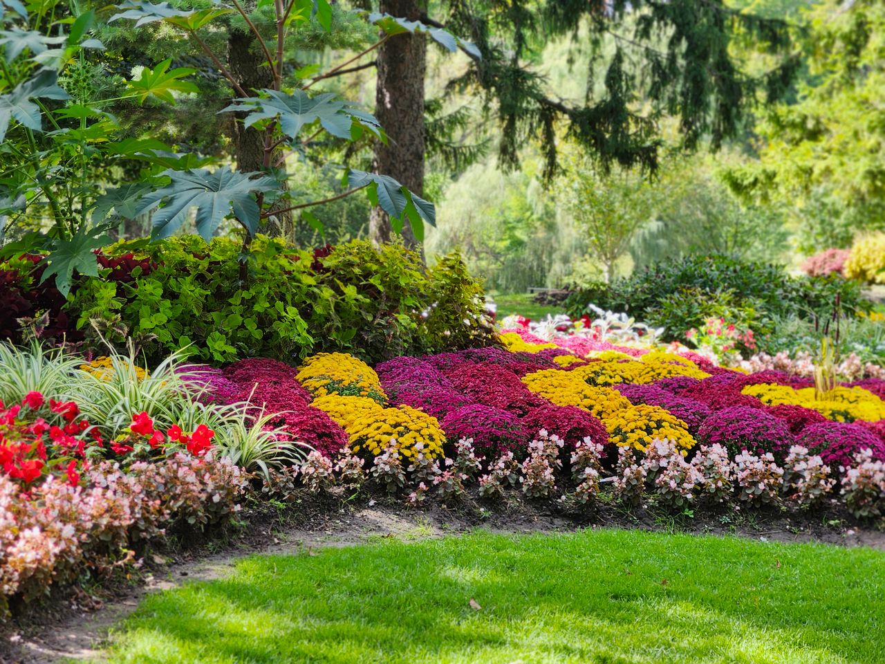 Home Colorful garden with lush foliage and blooming flowers in a Toronto park.